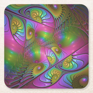 The Colorful Luminous Trippy Abstract Fractal Art Square Paper Coaster