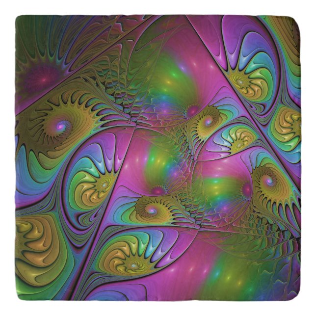 The Colorful Luminous Trippy Abstract Fractal Art Trivet (Front)