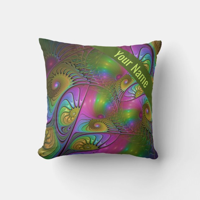 The Colorful Luminous Trippy Abstract Fractal Name Throw Pillow (Front)