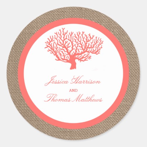 The Coral On Burlap Boho Beach Wedding Collection Classic Round Sticker