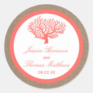 The Coral On Burlap Boho Beach Wedding Collection Classic Round Sticker
