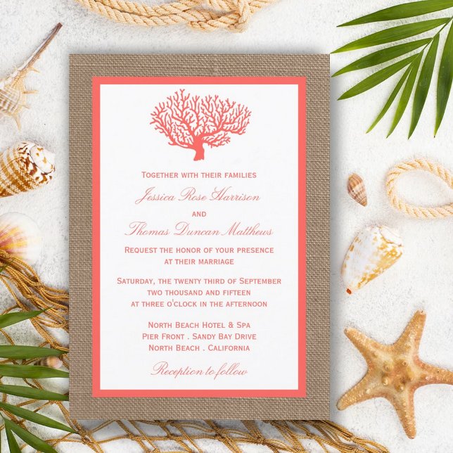 The Coral On Burlap Boho Beach Wedding Collection Invitation (Creator Uploaded)