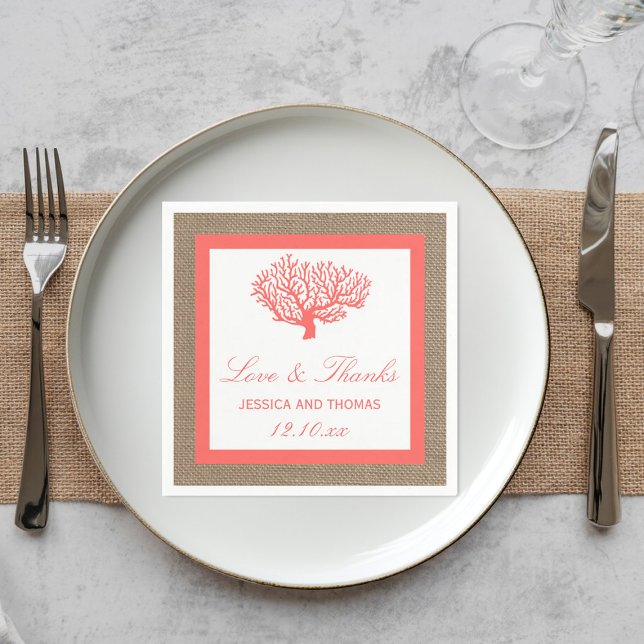 The Coral On Burlap Boho Beach Wedding Collection Napkins (Creator Uploaded)