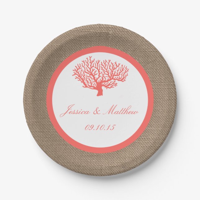 The Coral On Burlap Boho Beach Wedding Collection Paper Plates (Front)