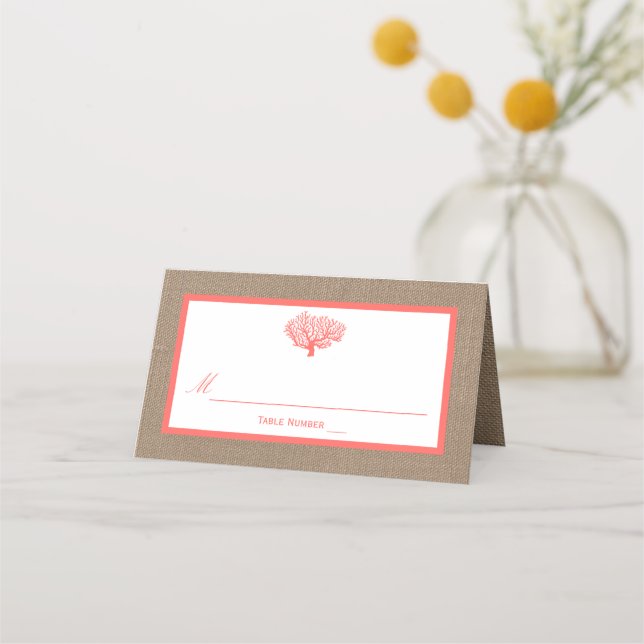 The Coral On Burlap Boho Beach Wedding Collection Place Card (Front)