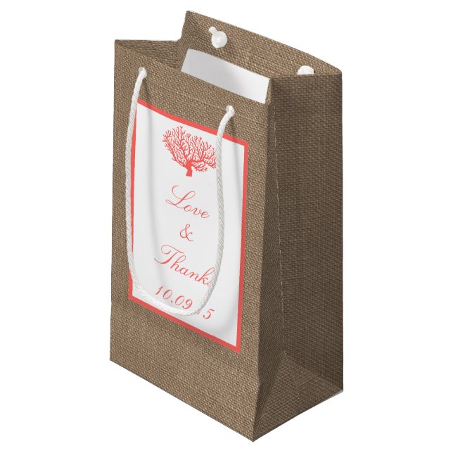 The Coral On Burlap Boho Beach Wedding Collection Small Gift Bag (Front Angled)