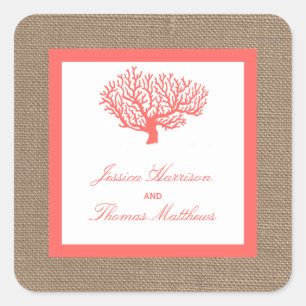 The Coral On Burlap Boho Beach Wedding Collection Square Sticker