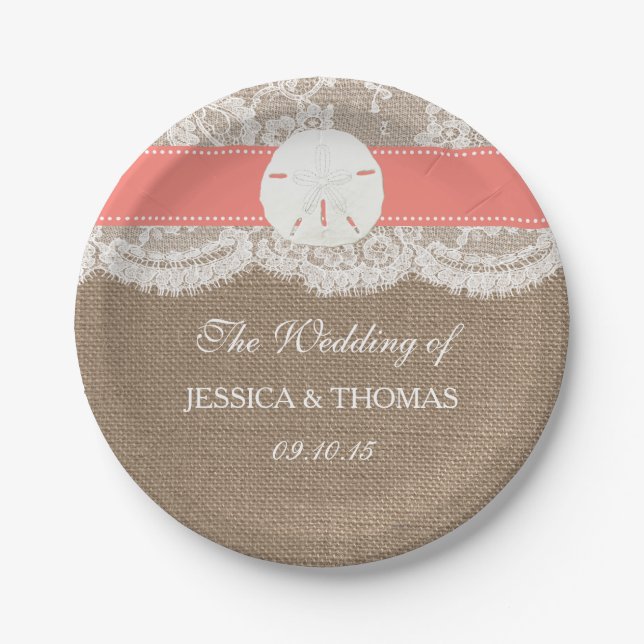 The Coral Sand Dollar Beach Wedding Collection Paper Plates (Front)