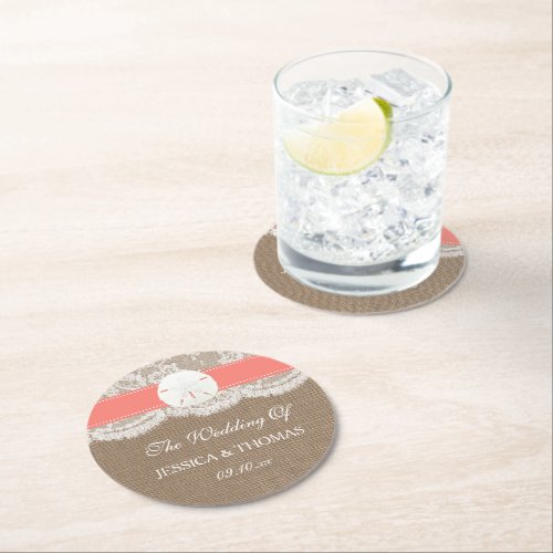 The Coral Sand Dollar Beach Wedding Collection Round Paper Coaster