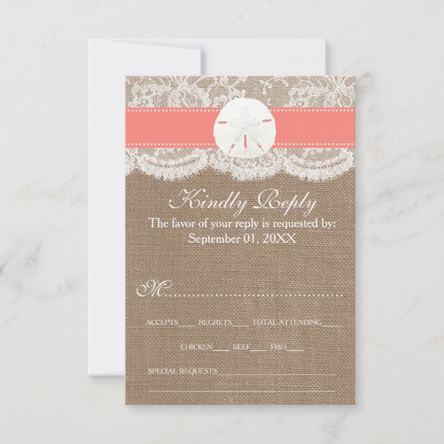 The Coral Sand Dollar Beach Wedding Collection RSVP Card (Front)