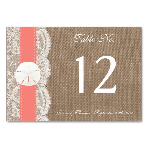 The Coral Sand Dollar Beach Wedding Collection Table Number