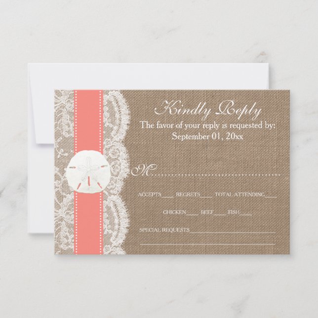 The Coral Sand Dollar Wedding Collection RSVP Card (Front)