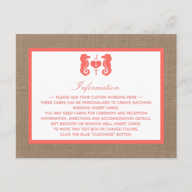 The Coral Seahorse Burlap Beach Wedding Collection Enclosure Card (Front)