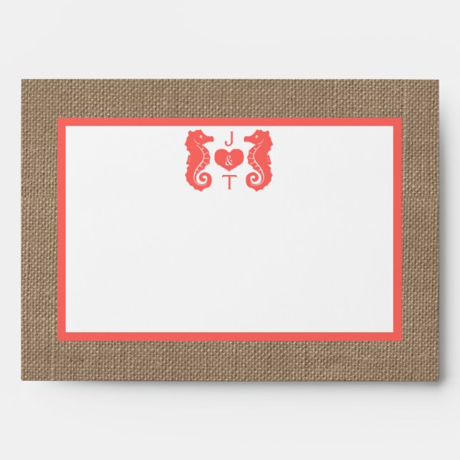 The Coral Seahorse Burlap Beach Wedding Collection Envelope (Front)