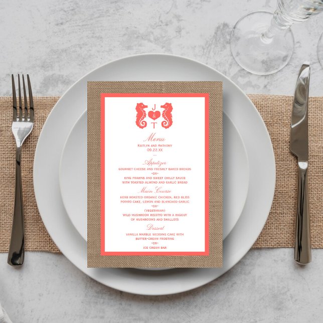 The Coral Seahorse Burlap Beach Wedding Collection Menu (Creator Uploaded)
