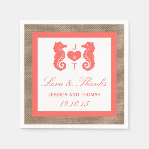 The Coral Seahorse Burlap Beach Wedding Collection Paper Napkins