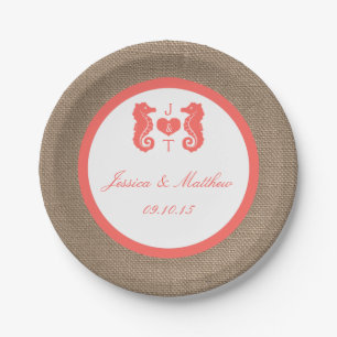 The Coral Seahorse Burlap Beach Wedding Collection Paper Plates