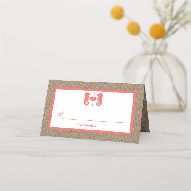 The Coral Seahorse Burlap Beach Wedding Collection Place Card (Front)