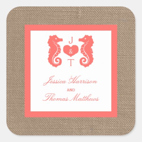 The Coral Seahorse Burlap Beach Wedding Collection Square Sticker