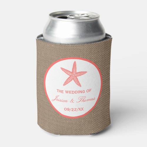 The Coral Starfish Burlap Beach Wedding Collection Can Cooler