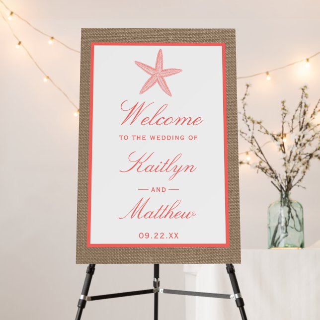 The Coral Starfish Burlap Beach Wedding Collection Foam Board (In Situ (Stand))