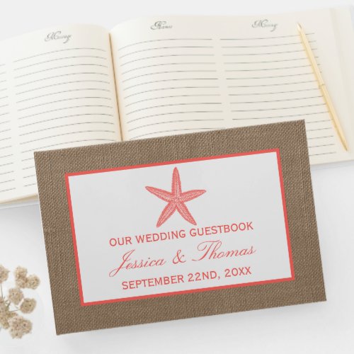 The Coral Starfish Burlap Beach Wedding Collection Guest Book