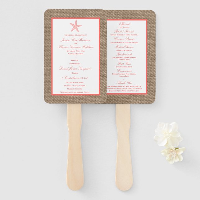 The Coral Starfish Burlap Beach Wedding Collection Hand Fan (Front and Back)