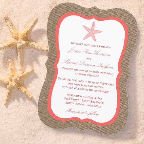 The Coral Starfish Burlap Beach Wedding Collection Invitation