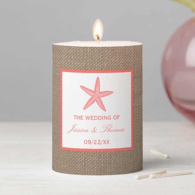 The Coral Starfish Burlap Beach Wedding Collection Pillar Candle (In Situ)