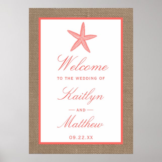 The Coral Starfish Burlap Beach Wedding Collection Poster (Front)