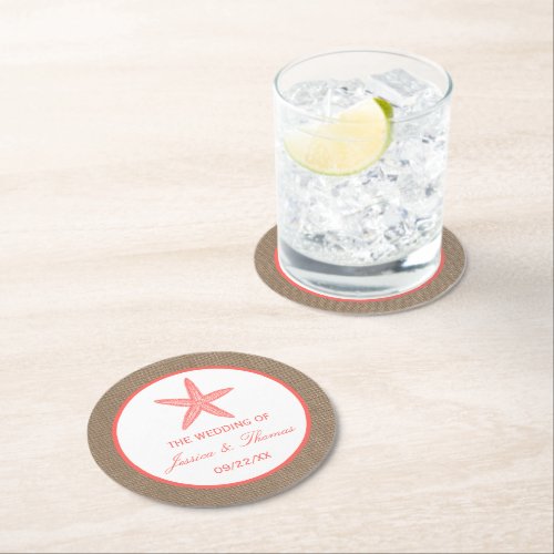 The Coral Starfish Burlap Beach Wedding Collection Round Paper Coaster