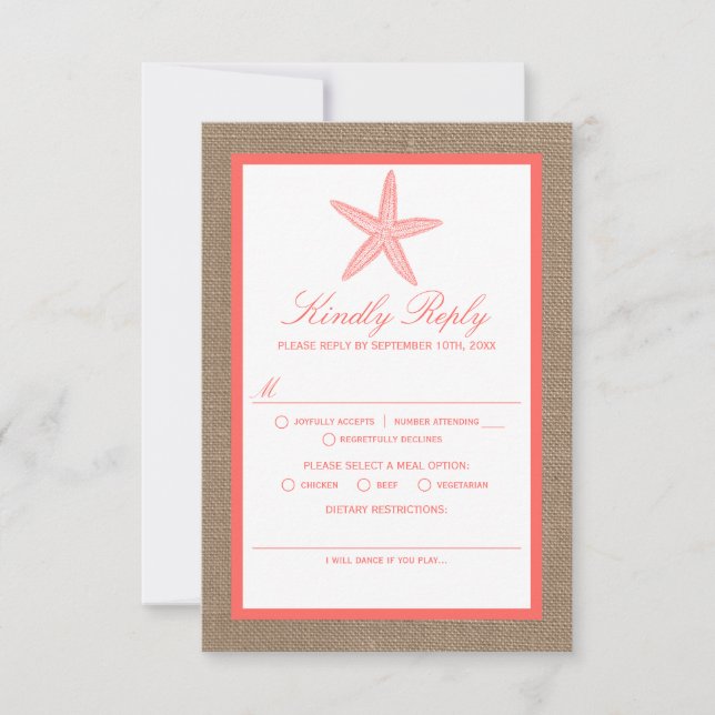The Coral Starfish Burlap Beach Wedding Collection RSVP Card (Front)