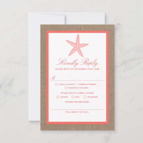 The Coral Starfish Burlap Beach Wedding Collection RSVP Card