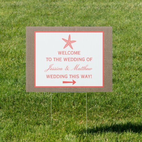 The Coral Starfish Burlap Beach Wedding Collection Sign