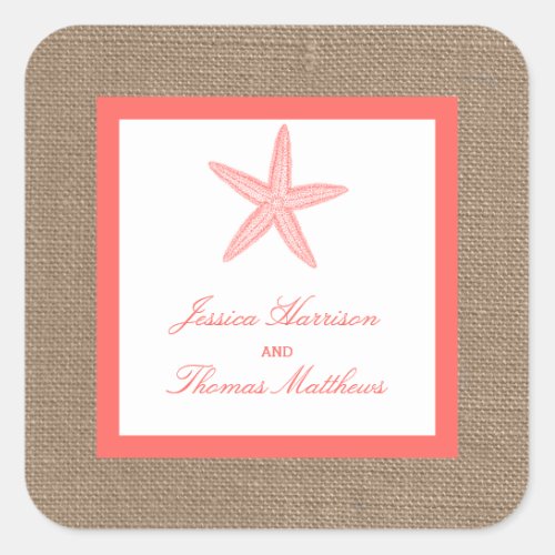 The Coral Starfish Burlap Beach Wedding Collection Square Sticker