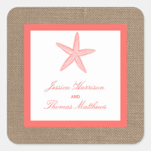 The Coral Starfish Burlap Beach Wedding Collection Square Sticker
