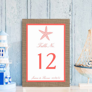 The Coral Starfish Burlap Beach Wedding Collection Table Number