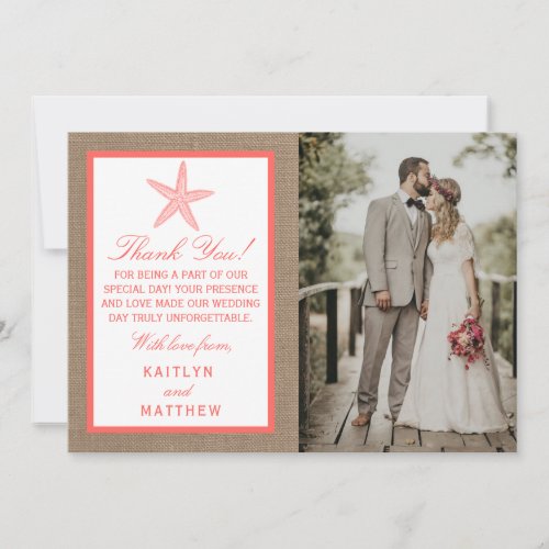 The Coral Starfish Burlap Beach Wedding Collection Thank You Card