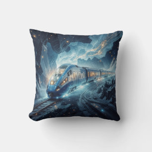 The Cosmic Express: Futuristic Train Through Nebul Throw Pillow
