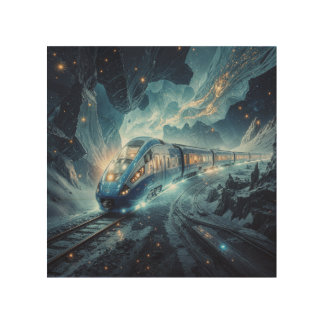 The Cosmic Express: Futuristic Train Through Nebul Wood Wall Art
