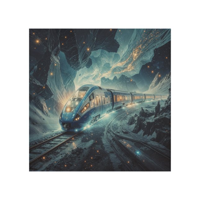 The Cosmic Express: Futuristic Train Through Nebul Wood Wall Art (Front)