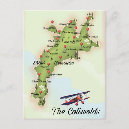 The Cotswolds Vintage Map Postcard