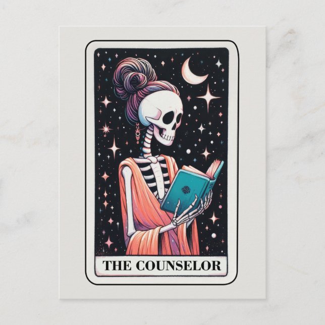 The Counselor Tarot Reading Skeleton Book Lover Postcard (Front)