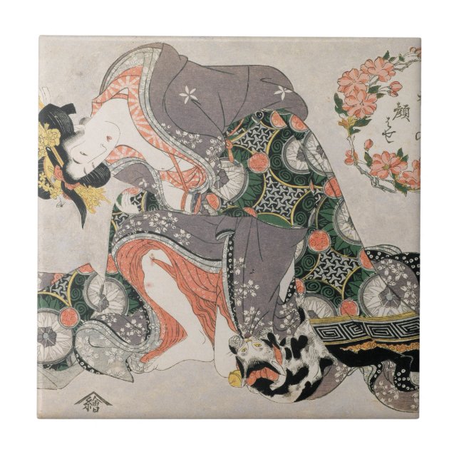 The Courtesan with cat  Kitagawa Utamaro geisha Tile (Front)