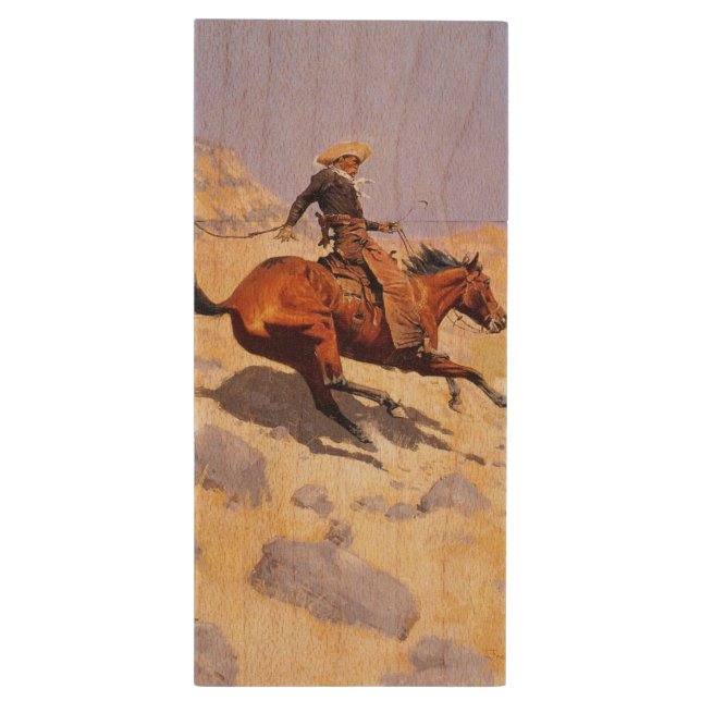 The Cowboy (by Frederic Remington) Wood Flash Drive (Back (Vertical))