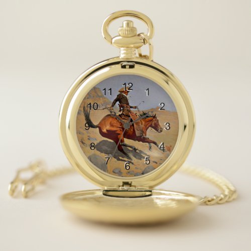 The Cowboy painting by F Remington Pocket Watch