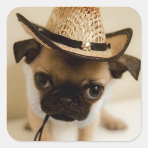 The Cowboy Pug Puppy Square Sticker