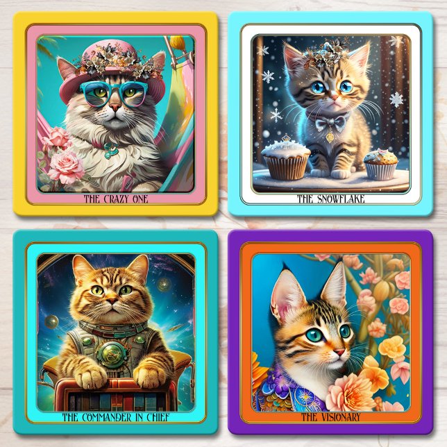 The Crazy Cat Lady Must Have Coaster Set (Crazy cat lady set of coasters featuring hippie cat illustrations in bright colors)