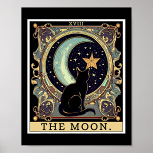 The Cresent Moon Tarot Card Vintage Black Cat Wome Poster