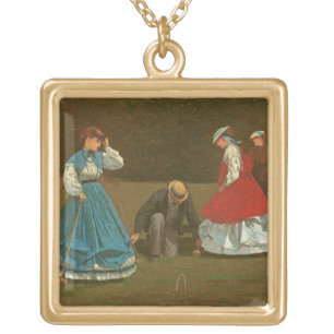 The croquet game, 1866 (oil on canvas) gold plated necklace